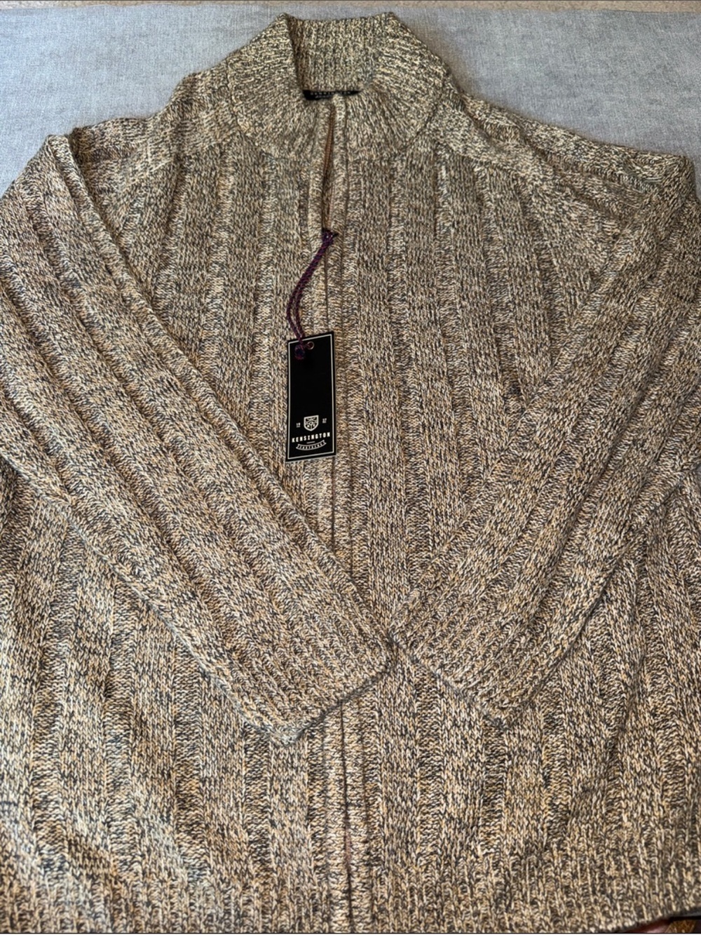 Kensington Men's Knit Zip-Front Ribbed Sweater Cardigan in Heathered Beige